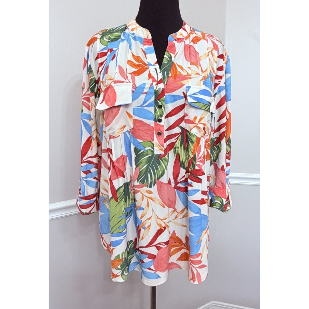 Ava & Grace Women's Floral 3/4 Sleeve Top Size 2X Knit Pintuck V-Neck Tropical